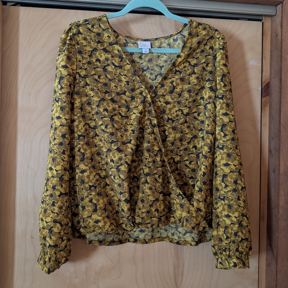 A New Day Mustard Floral V-Neck Wrap Blouse